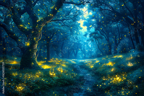 Enchanting scene of fireflies illuminating a magical forest clearing.