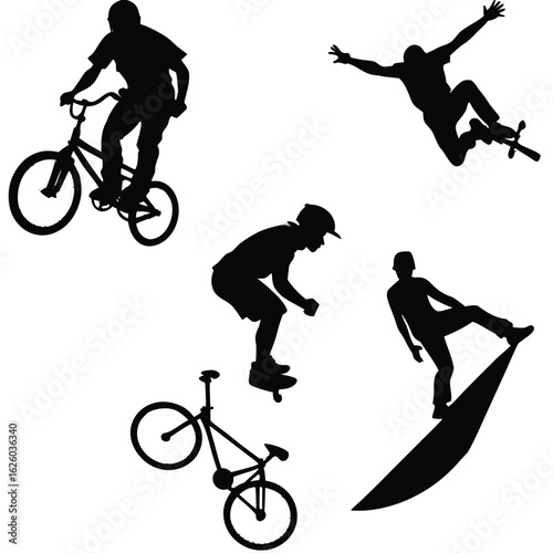 Black silhouettes of athletes performing extreme sports skateboarding cycling