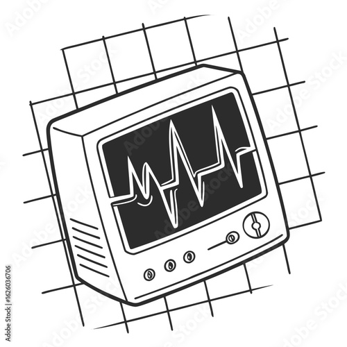 Heart rate monitor displaying vital signs and cardiac rhythm on screen isolated on white background