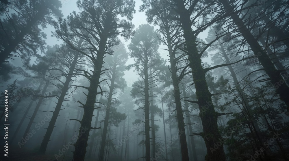 Fototapeta premium foggy forest with tall pine trees