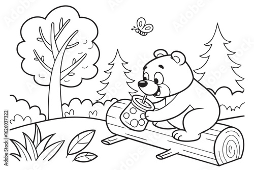 Coloring Pages, baby bear eating honey, cartoon style, uncolored for coloring book