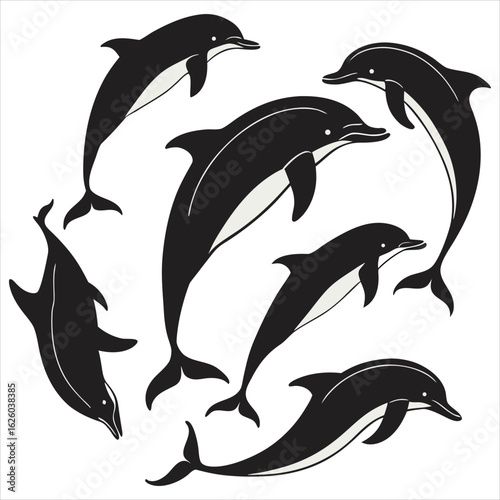 Dolphin vector. Dolphin cartoon sea animal icon. Bottlenose Dolphin. Dolphin peeking out of water. Dolphin Isolated. Dolphin jump out of the water in sea. Dolphins Jumping From The Sea.