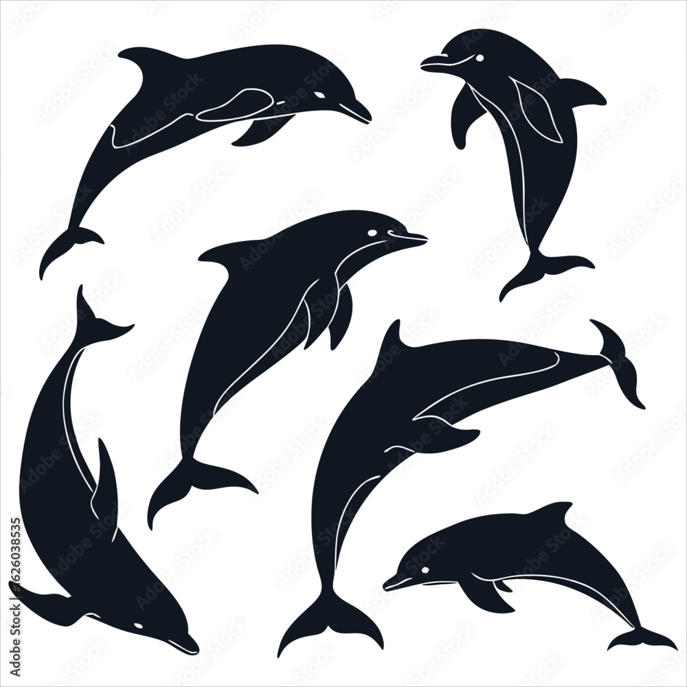 Obraz premium Dolphin vector. Dolphin cartoon sea animal icon. Bottlenose Dolphin. Dolphin peeking out of water. Dolphin Isolated. Dolphin jump out of the water in sea. Dolphins Jumping From The Sea. 