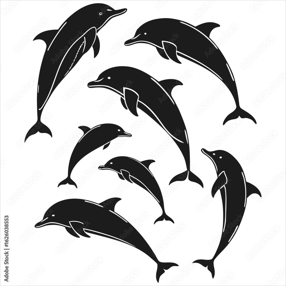 Naklejka premium Dolphin vector. Dolphin cartoon sea animal icon. Bottlenose Dolphin. Dolphin peeking out of water. Dolphin Isolated. Dolphin jump out of the water in sea. Dolphins Jumping From The Sea.