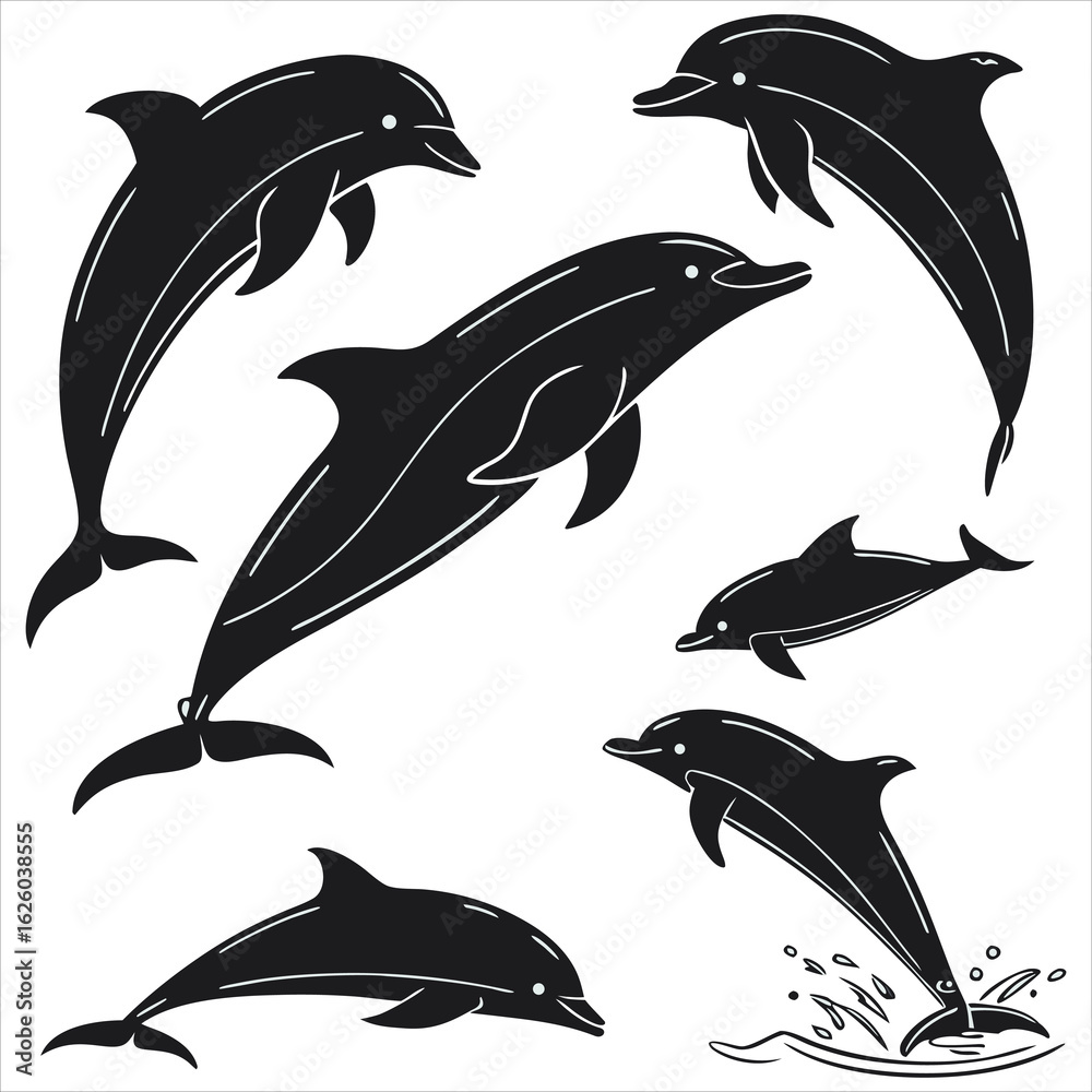 Naklejka premium Dolphin vector. Dolphin cartoon sea animal icon. Bottlenose Dolphin. Dolphin peeking out of water. Dolphin Isolated. Dolphin jump out of the water in sea. Dolphins Jumping From The Sea. 