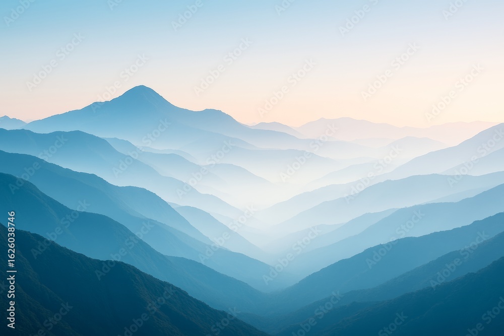 Obraz premium Serene blue mountain landscape with layers of hills fading into mist under soft pastel sky at sunrise or sunset, peaceful natural background scene. Ai generative