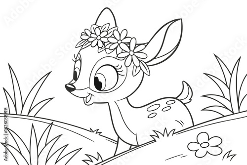Coloring Pages, baby deer with flowers on head, cartoon style, black and white for children