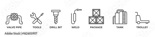 Industrial Toolkit Icons set vector illustration outline with Valve pipe, Tools, Drill bit, Weld, Package, Tank, Trolley