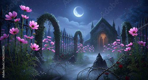 A magical and surreal scene of pink and purple cosmos flowers blooming in a gothic garden.