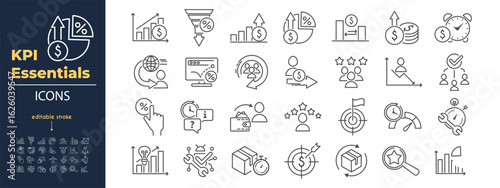 Minimalist KPI Icon Collection with Revenue, Growth and Efficiency Metrics for Project Management or Data Visualization. Vector. Editable Stroke.