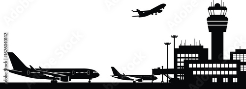 Commercial Airplanes at Airport Terminal, Aircraft Taking Off, Control Tower and Runway View, Cad Drawing Flat Vector Illustration
