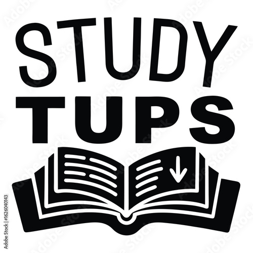 Black study tips text and open book icon white