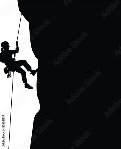 Rock Climber Hanging on Cliff, Adventure Sport Silhouette with Rope and Gear, Cad Drawing Flat Vector Illustration