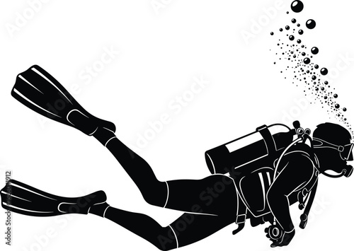 Scuba Diver Underwater in Full Gear, Air Bubbles Rising, Snorkeling and Diving Silhouette, Cad Drawing Flat Vector Illustration