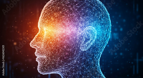 The head is rendered with a stunning combination of colors, with vibrant orange and cool blue light swirling and glowing within its form.