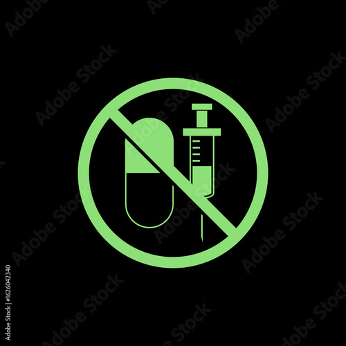 No antibiotics food, hormones free icon isolated on black background