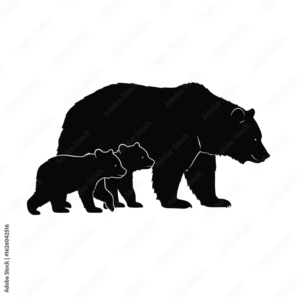 Fototapeta premium Silhouette of a mother bear and two cubs walking together