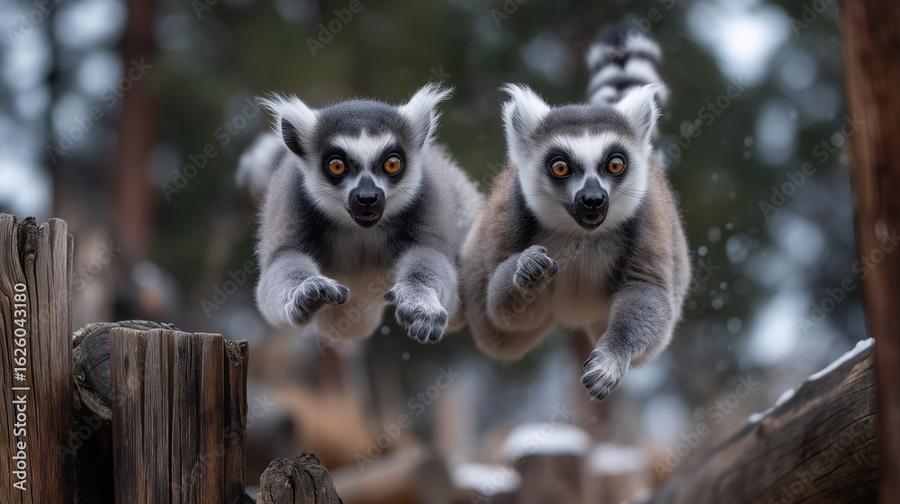 Fototapeta premium Lemurs jumping between wooden posts in Zoo Wroclaw Madagascar zone, children watching with amazement emurs zoo, madagascar animals, kids watching animals, energetic wildlife, zoo
