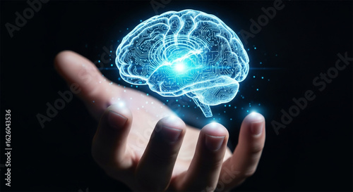 A close up of a human hand holding a glowing AI brain hologram with circuit patterns dark background technology concept 3