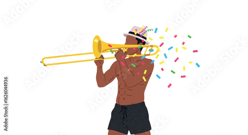 Man playing trombone with confetti illustration summer party celebration art