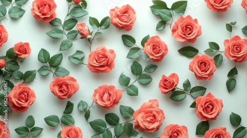 Coral rose flower pattern with green leaf on white background showcasing fresh floral design full of natural beauty, elegance, and vibrant nature inspired colors perfect for decoration and celebration