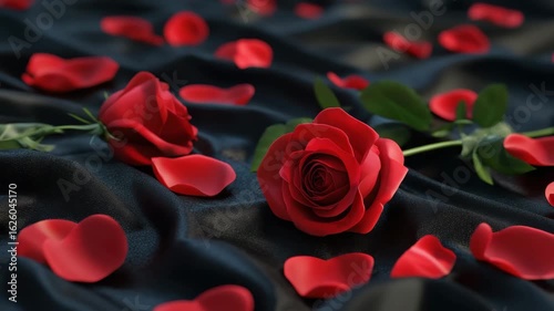Red rose petals scattered on black satin fabric showcase romantic flower close up with rich red texture and soft fabric highlighting elegant floral petal details