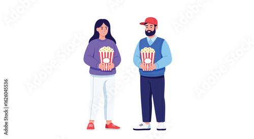 Vector illustration of couple holding popcorn at movie theater concession stand