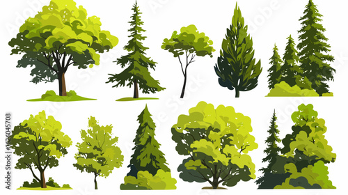 Varied Tree Collection: A vibrant collection of diverse tree species, each meticulously illustrated with lush foliage, standing as a testament to the variety of natural ecosystems.
