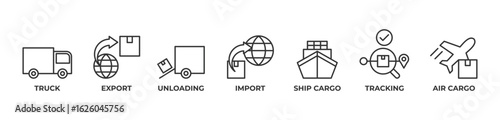 Seamless Global Logistics Icons set vector illustration outline with Truck, Export, Unloading, Import, Ship cargo, Tracking, Air cargo