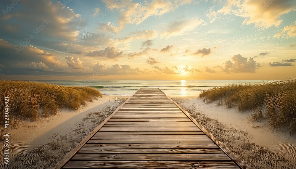 Obraz premium Wooden Pathway Leading Towards a Bright Golden Sunrise on a Peaceful Beach at Dawn