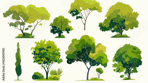 Diverse Trees: A vibrant collection of diverse tree illustrations showcasing variations in shape, size, and foliage, ideal for design and environmental projects.