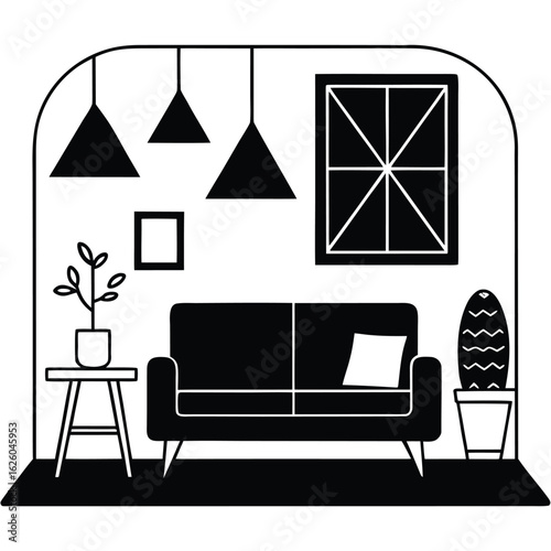 Black vector living room interior with sofa plants and lamps
