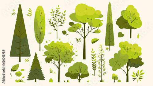 Greenery Collection: A captivating visual display of a collection of diverse stylized green trees, each with a unique form, exuding freshness and natural beauty.