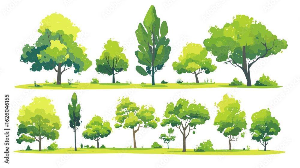 Fototapeta premium Vibrant Forest Canopy: A collection of stylized trees bursting with lush green foliage, showcasing diverse shapes and sizes, evoking a sense of freshness and natural beauty.