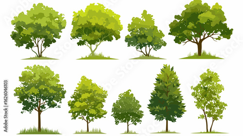 Variety of Trees: A vibrant collection of lush green trees. The illustration offers a fresh and diverse visual display, capturing a variety of forms and textures.