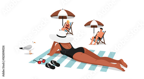 Woman tanning on beach summer vacation with umbrellas and people relaxing vector