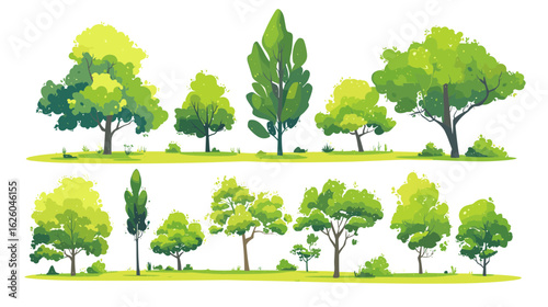 Vibrant Forest Canopy: A collection of stylized trees bursting with lush green foliage, showcasing diverse shapes and sizes, evoking a sense of freshness and natural beauty.