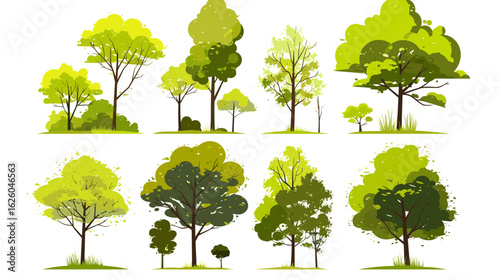 Lush Assortment of Trees: A vibrant collection of diverse trees displays a variety of shapes and foliage. Showcasing the beauty of natural diversity.