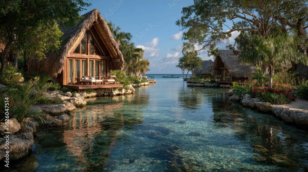 Obraz premium Tranquil tropical island resort with overwater bungalows under sunny blue sky