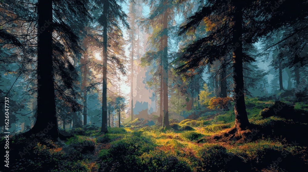 Obraz premium Misty forest sunlight pathway