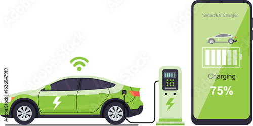 Vector illustration of a sleek, modern electric car connected to a charging station. A smartphone displays the charging status, highlighting the advanced technology of contemporary electric vehicle