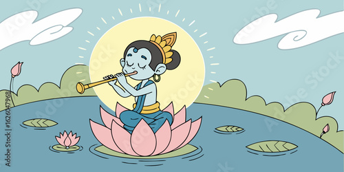 Charming cartoon illustration of lord krishna playing flute on a lotus flower in a serene pond