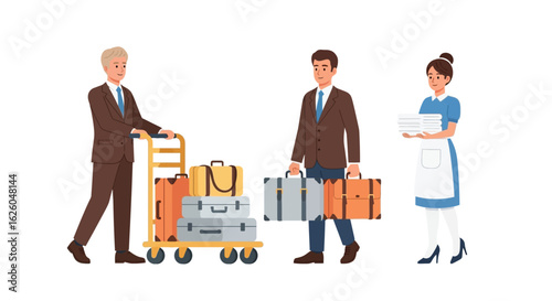 Hotel staff assisting guests with luggage and towels for a comfortable stay