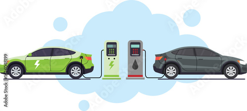 A conceptual vector illustration comparing two vehicles: a clean, eco-friendly modern electric car on one side, and a conventional gasoline-powered car emitting pollution on the other. 