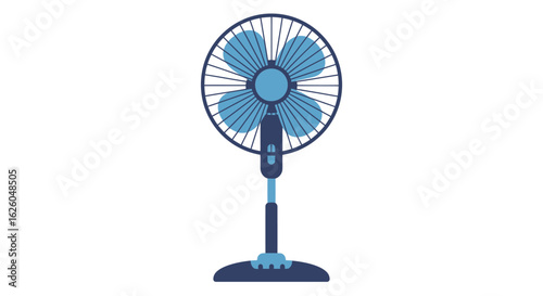 Blue Standing Electric Fan with Four Blades, Flat Vector Illustration