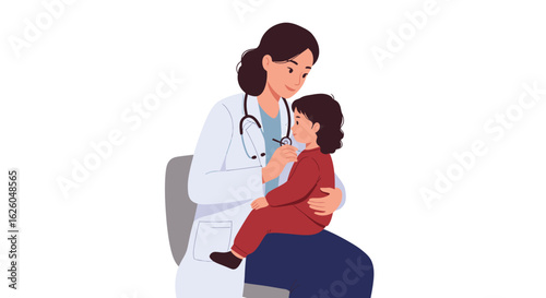 Caring female pediatrician in a white coat examining a young child with a stethoscope.