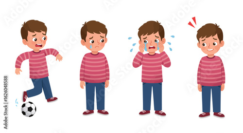 Cartoon Boy's Emotional Journey: From Soccer to Tears and Joy