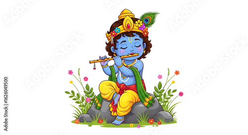 Colorful cartoon artwork showing baby Krishna sitting peacefully on a rock surrounded by flowers playing flute in nature with traditional dress and peacock feather crown