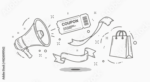 Vector Illustration of Shopping Elements: Megaphone, Coupon, Ribbon, and Bag