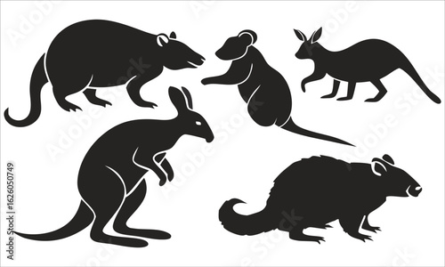 Group of Australian marsupials and rodents in silhouette